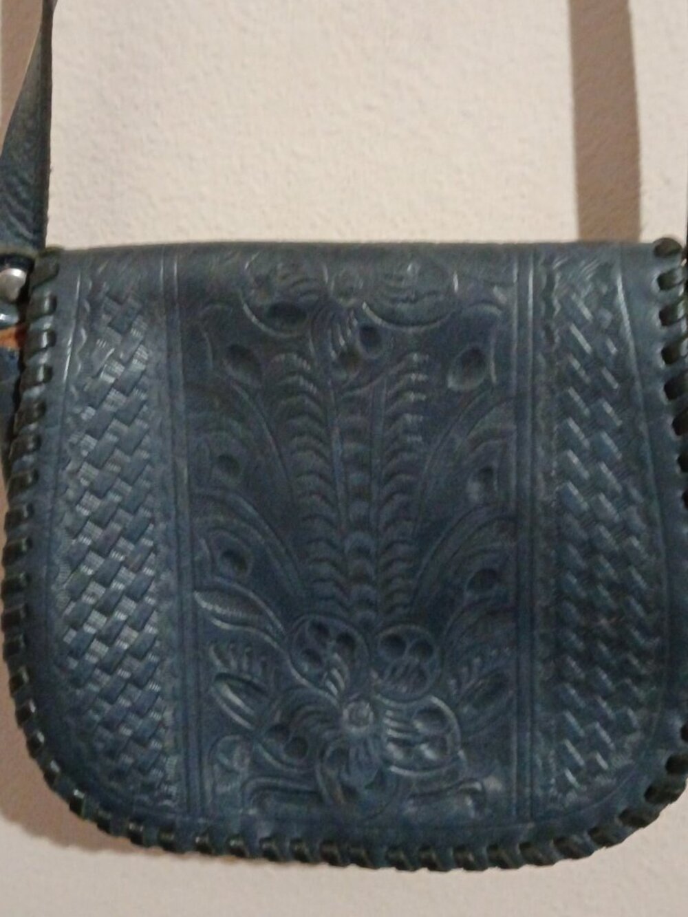 Patricia Nash Leather Saddle Bag Tooled Crossbody Purse Navy-Blue Floral - Picture 2 of 16